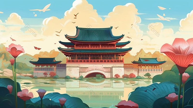 水塘水上建筑物风景手绘,插画/手绘图,插画/手绘图库,插画/手绘图下载,插画/手绘